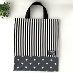 手さげバッグ　35×30cm　ストライプ×星＜モノトーン＞　音楽バッグ　図書バッグ