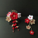 【R5版】七五三髪飾り　紅白梅とお花のさがりが可愛いパッチン留め｟赤⑱｠　つまみ細工　三歳　七歳　初節句　成人式　和装