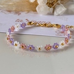 パープル×レッドパープル×ホワイト お花のビーズブレスレット❁⃘*.ﾟ