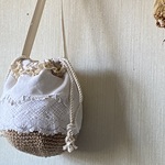 whitework*フランスアンティーク*巾着型かごバッグ*ボビンレース*刺繍