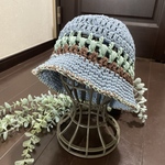 ☆手編み コットン バケットハット☆ブルー
