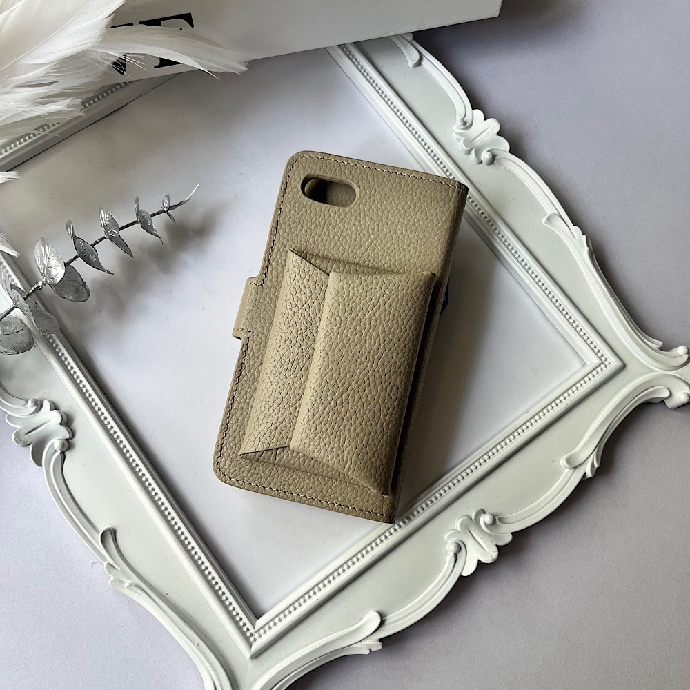 本革　手帳型　レザー　カード収納　カードコイン収納　名入れIPHONEケース　greige