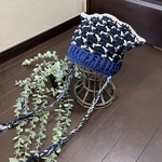 ☆ コットン ストラップ付き 透かし編み 猫耳 ニット帽☆ネイビー