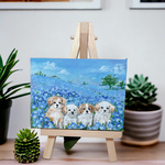 ネモフィラ畑と犬の絵　小さい絵　犬の絵　ミニキャンバス