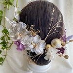 No.27 髪飾り　胡蝶蘭　ディップフラワー　アメリカンフラワー　ドライフラワー　パープル　紫　金箔付　水引付　結婚式　卒業式　成人式　前撮り　ブライダル  ウェディング  着物　和装　ディップアート
