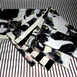 ●USAコットンクリーム色に白黒猫柄半幅帯新品長尺リバ