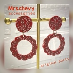 ☆flower クッキー ピアス ( イヤリング )red×brown/  花 フラワー 赤 レッド ブラウン クッキー 昭和 レトロ 派手 個性的　可愛い 