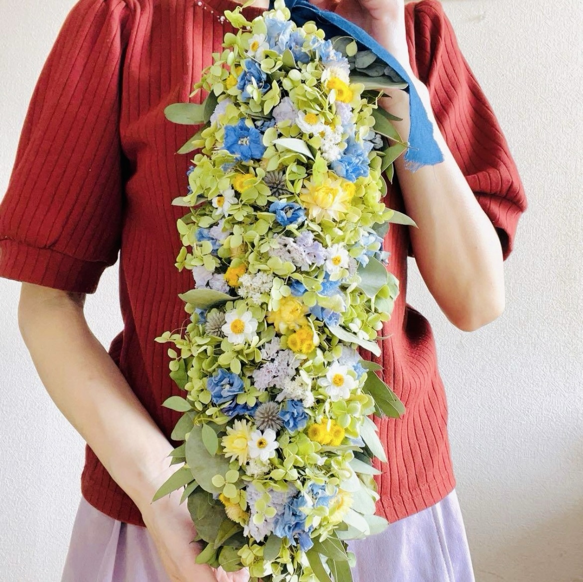 スモークツリーとグリーンのフライングリース、ユーカリ、紫陽花 紫陽花とスモークツリーとユーカリのフライングリース/ドライ