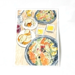 食べ物イラスト「バケットとボリュームいっぱいサラダ」　ポストカード2枚セット