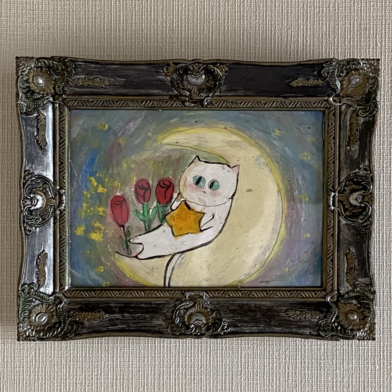 絵画。原画【月の白い猫に美しいバラを三本植えました】 絵画。原画【月の白い猫に美しいバラを三本植えました】 - 麦の