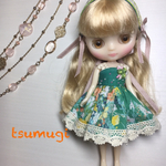 ミディブライス  ワンピース(グリーングラデーション＊ボタニカル柄＊ヘアバンド付き)
