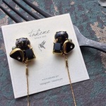 vintage button bijou(black) & long chain  イヤリング