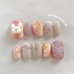 momotousachan 🍑 【ももネイルチップ】くまちゃん×リボン ちゅるん 桃カラー ピンクニュアンス うるつやネイル ガーリー 上品 個性派