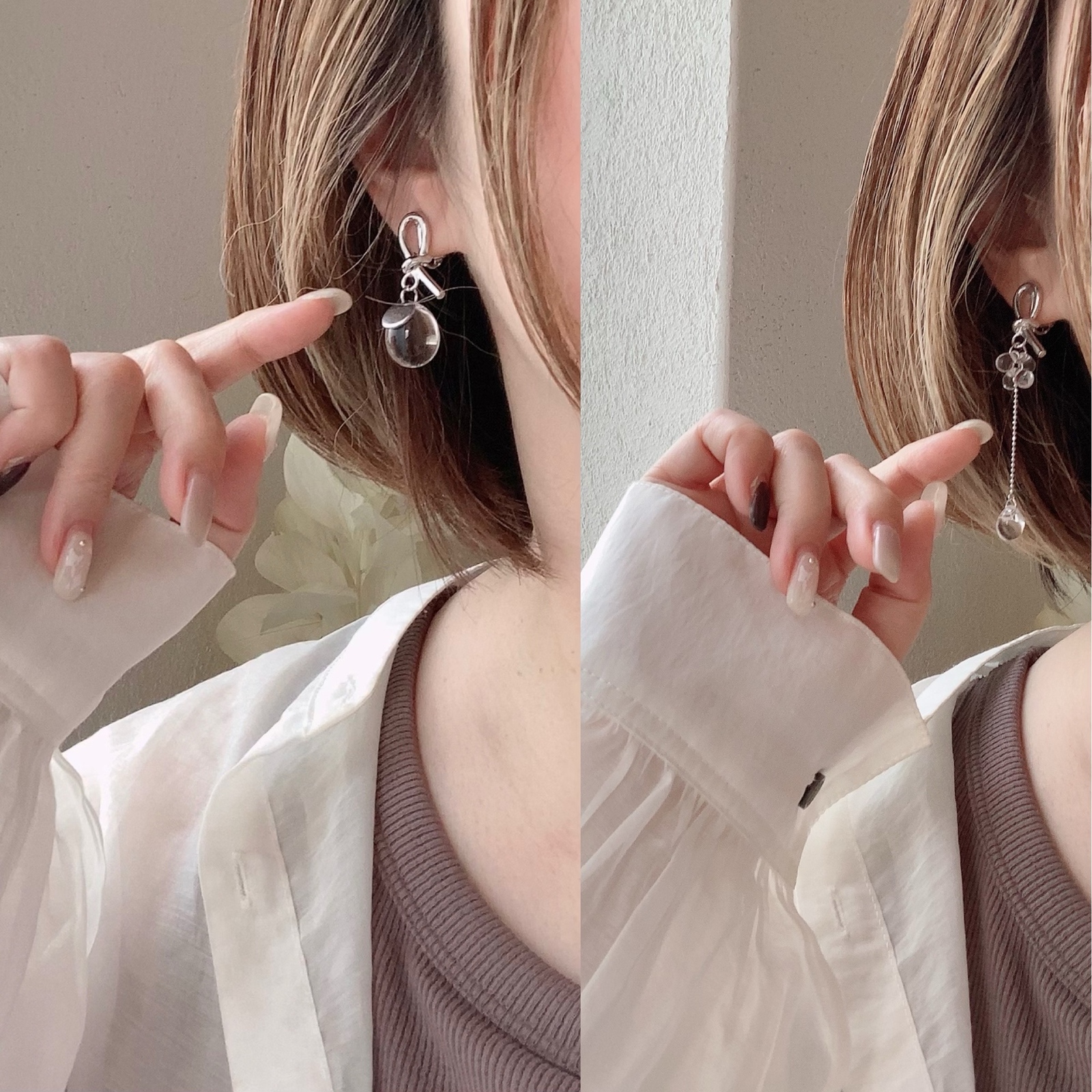 結び目×クリアドロップアシメピアス イヤリング アシンメトリー
