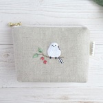 シマエナガの刺繍リネンミニポーチ【生成り】