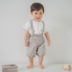 コットンリネンのかぼちゃパンツサロペット(グレージュ) ☆ベビー服 女の子 男の子 80サイズ 90サイズ 100サイズ  1歳 2歳 3歳