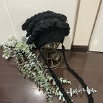 ☆UVコットン  ストラップ付き たっぷりフリルの猫耳 ニット帽☆ブラック