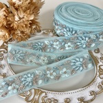 50cm  インド刺繍リボン  チュール  花柄 　ライトブルー  #nt43