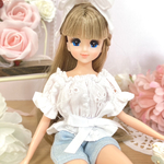 No. 136ハンドメイドジェニーサイズお洋服2wayシャーリングブラウスセット ジェニー　オビツ27　ハッシュタグリカ　ドール服