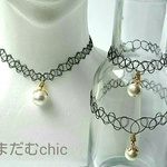タトゥー編みのコットンパールチョーカー、ブレスレット、アンクレットの3点セット♡【 再再再販】