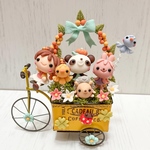 残り1点☆ミモザのカートに乗って♪　ミニチュア　粘土細工　樹脂粘土　パンダ　うさぎ　はりねずみ こねこねくらぶ