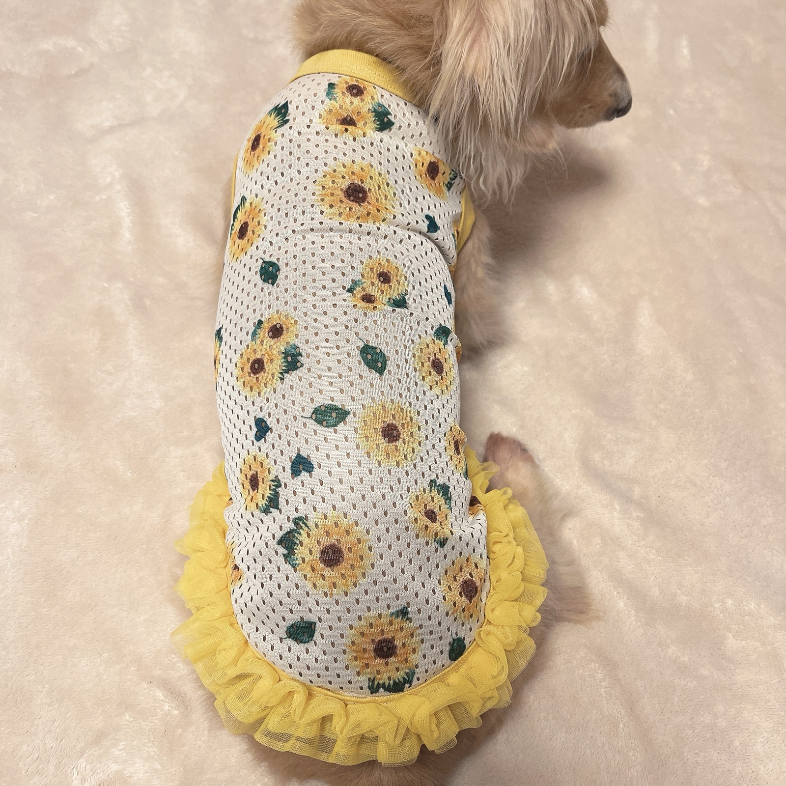 犬服☆ ひまわりメッシュフリルタンク 夏用 冷んやりメッシュ ひまわり