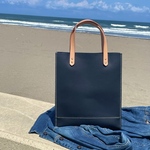 縦長トートバッグ　床革×ヌメ革　A4サイズ　ブラック