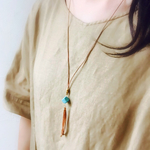  調節可能♪本革タッセル♪キュービックターコイズのレザーネックレス  