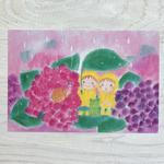 ポストカード 64キキとハナの1年間 カレンダー6月イラスト   紫陽花と雨宿り 