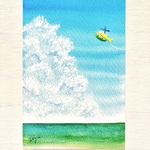 透明水彩画「入道雲とヘリコプター」イラストポストカード2枚セット 絵ハガキ　海　空　雲　父の日　暑中見舞い　残暑見舞い　夏　お中元　風景画