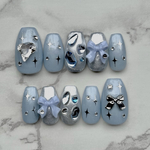 ネイルチップ　オーダー　韓国　水色　ミラーネイル　リボン　y2k