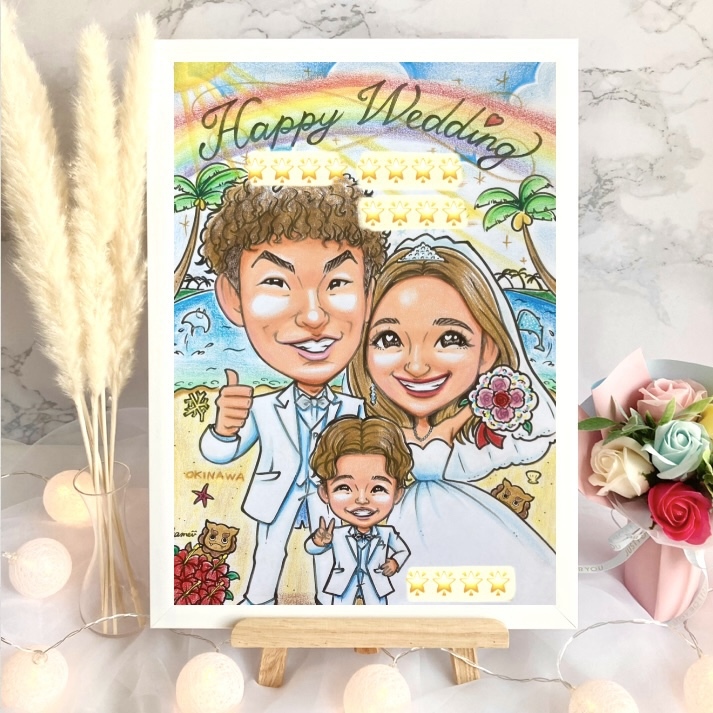 ウェルカムボード 似顔絵オーダー 結婚祝い ウェルカムスペース イラスト Happy Wedding ! 満開の笑顔咲く#ウェルカムボード . . Sサイズ2