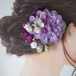 着物姿をしっとりと＊ライラック色のジニアと紫陽花と小花の髪飾り＊ショートへアでも簡単に着けられ落ちにくいワニ口クリップ＊浴衣＊成人式＊前撮り＊和装＊2way＊ナチュラルテイスト