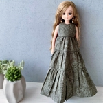 リカちゃん服　ティアードワンピース♪ペイズリー柄(カーキ)スカート丈長め