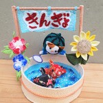 お祭り猫の金魚すくい　ちりめん細工　つまみ細工　置物　西瓜　朝顔　向日葵　ネコ