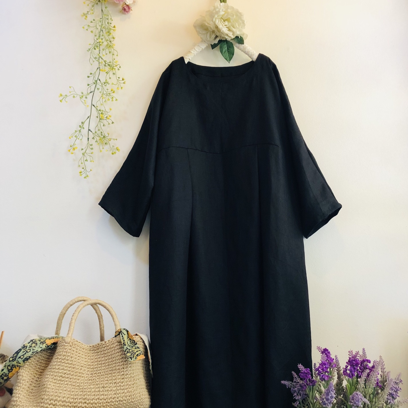 毎年人気の定番商品❤️リネン100% ワンピース。(黒) ロング丈