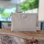 信楽ボタン×バイオウォッシュ帆布 フラットポーチ(アイボリー)