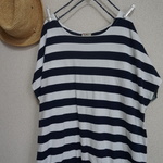 newハンドメイド：ドルマンTシャツ切替綿100%天竺ボーダーネイビー×白&綿100%ダンガリーフリー