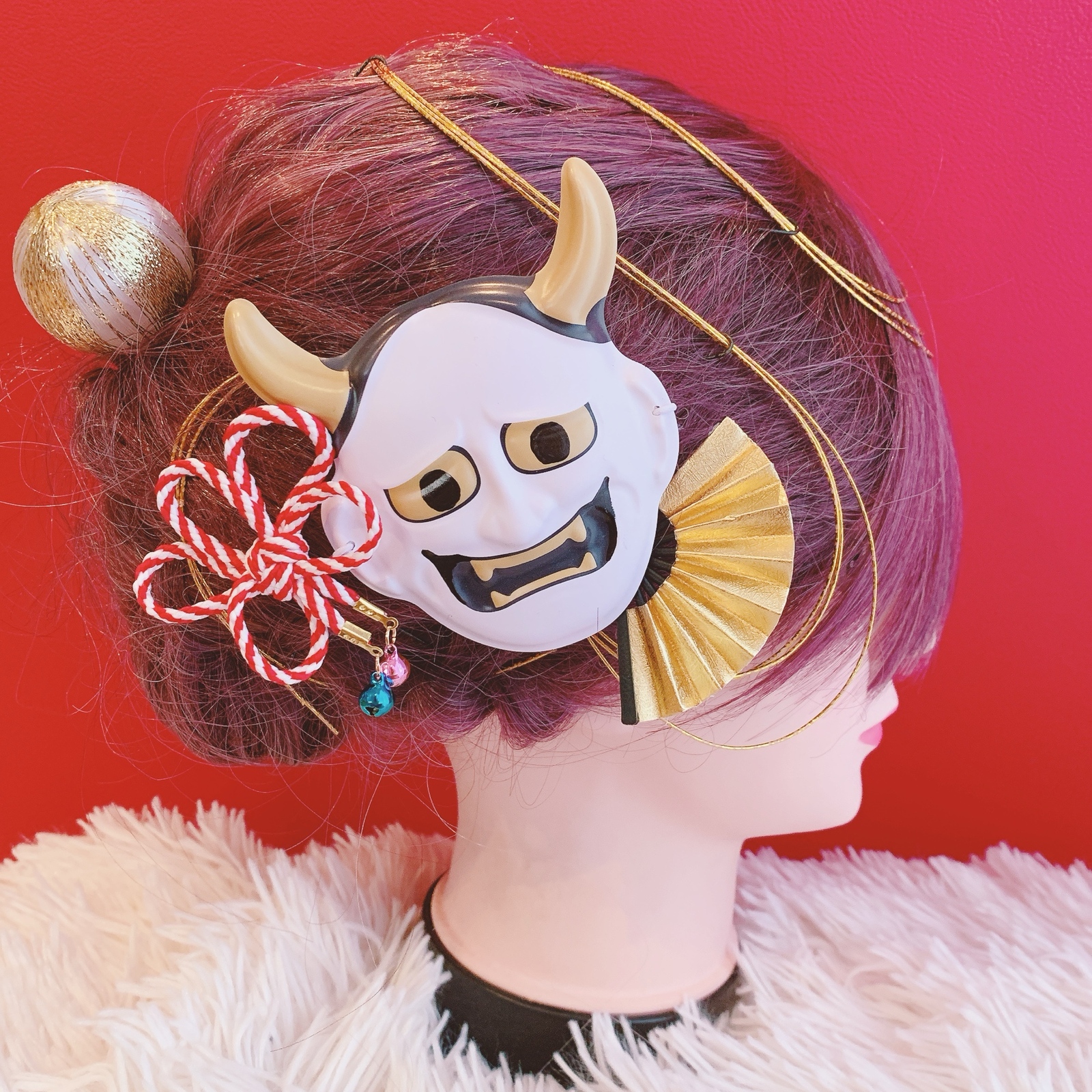 ☆人気☆3点セット☆般若☆ミニお面☆水引髪飾り☆扇子髪飾り☆お祭り