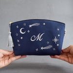星空の刺繍ポーチ《選べるイニシャル》マチあり コスメ 両面刺繍 月 夜