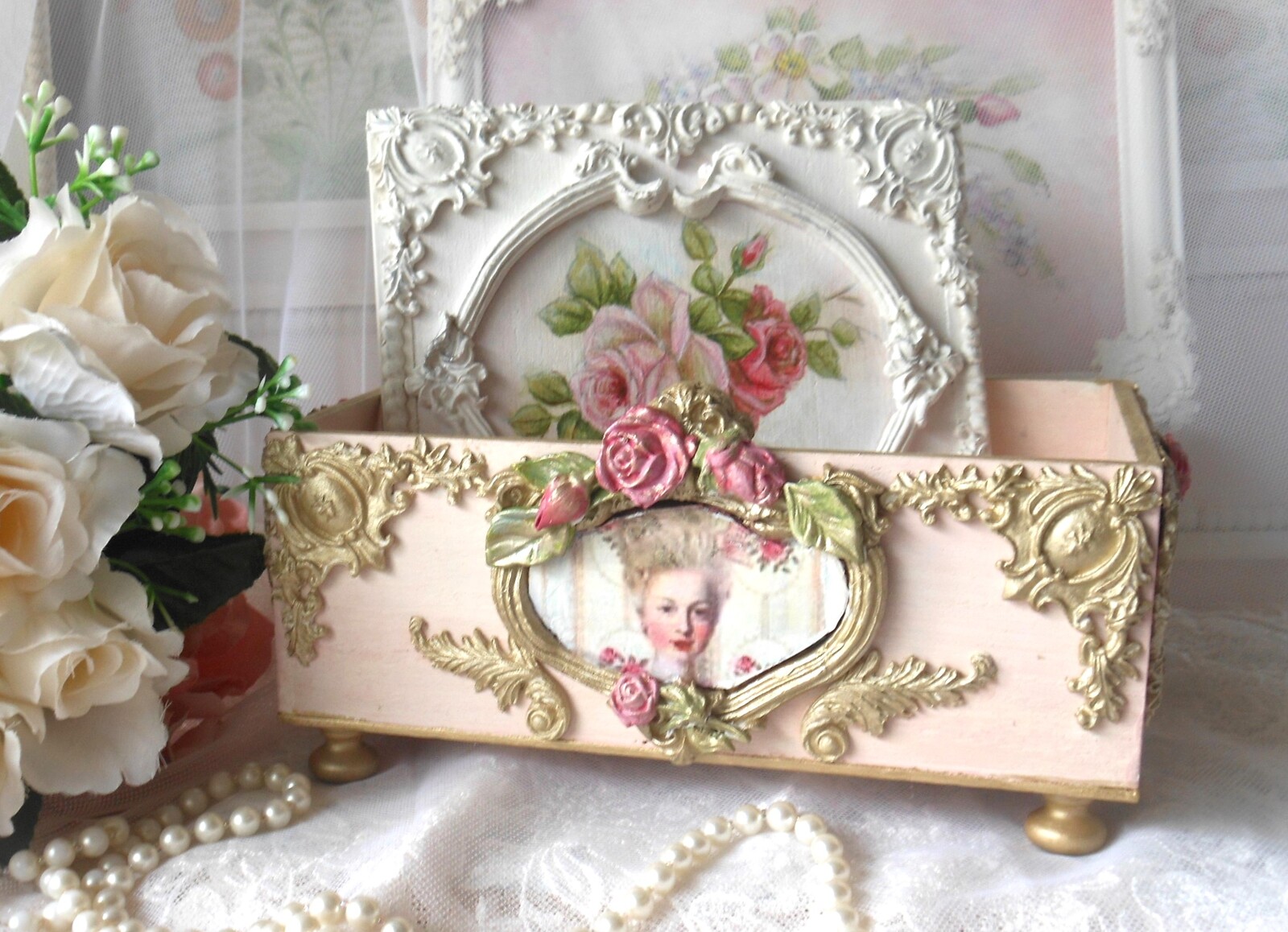 天使柄 デコパージュ 木製ジュエリー ボックス