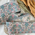 30cm/50cm  インド刺繍リボン  シルク  花柄  ブルーグレー  #ws28