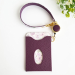 本革とリバティ生地のパスケース 【リール付き】アメジスト ×  ホリーホックス