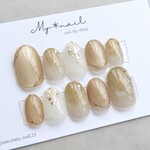 ネイルチップ  ブラウンニュアンス マグネットネイル シアーネイル ゴールド  ブライダルネイル 入学式 