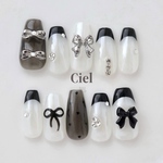 【サイズオーダー】nailtip リボンネイル モノトーン ネイル フレンチネイル 韓国ネイル 夏ネイル バレエコア