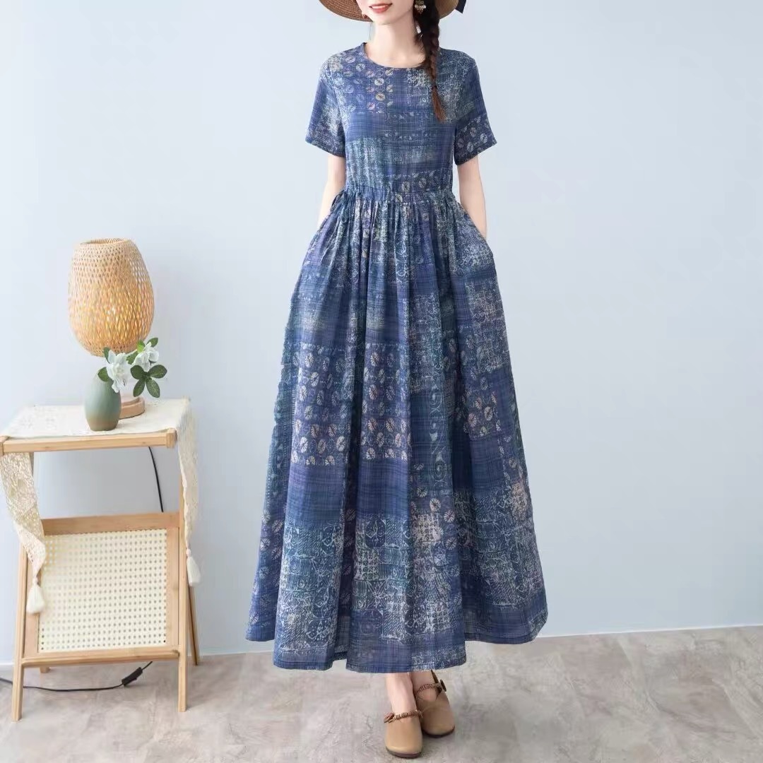 綿麻ワンピース・夏物・半袖・花柄・ポケット付き 5,744円
