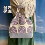 持ち手付き　洗える　保冷保温　巾着バック　お弁当袋　浴衣バック　紫陽花　白地にグレー花