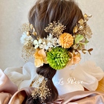 成人式　卒業式　結婚式　オレンジ×グリーンマム髪飾り
