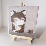 子猫とミルクティー(アクリル画/原画)ミニイーゼル付