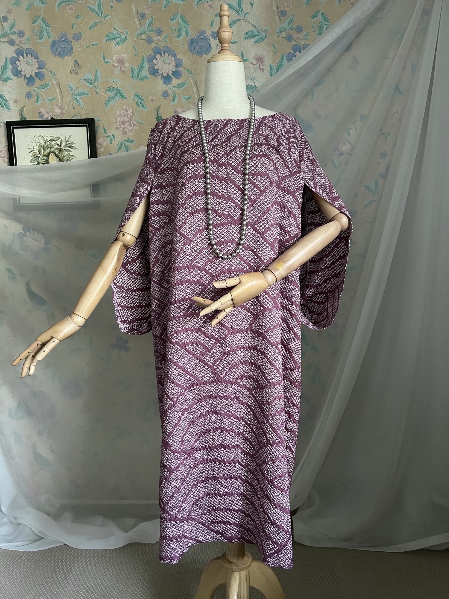 着物リメイク 総絞り 藤色 ケープスリーブドレス ハンドメイド